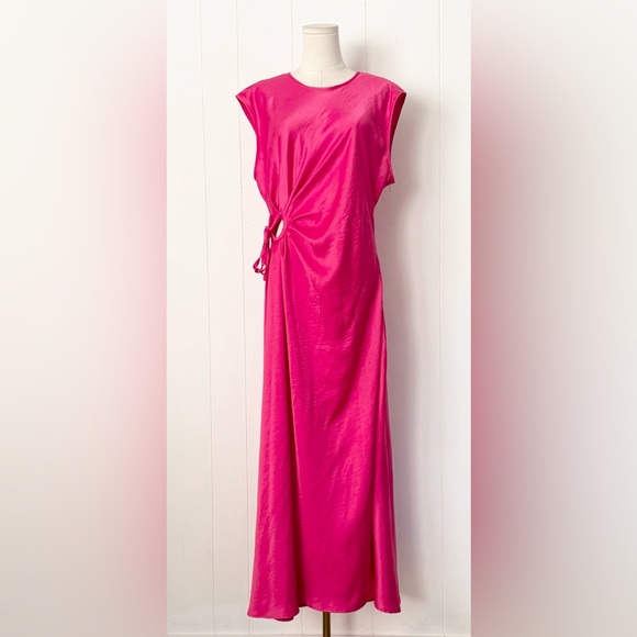 House of Harlow 1960 Hot Pink Satin Midi Dress Side Tie Size XL Valentine’s Day - Picture 2 of 6